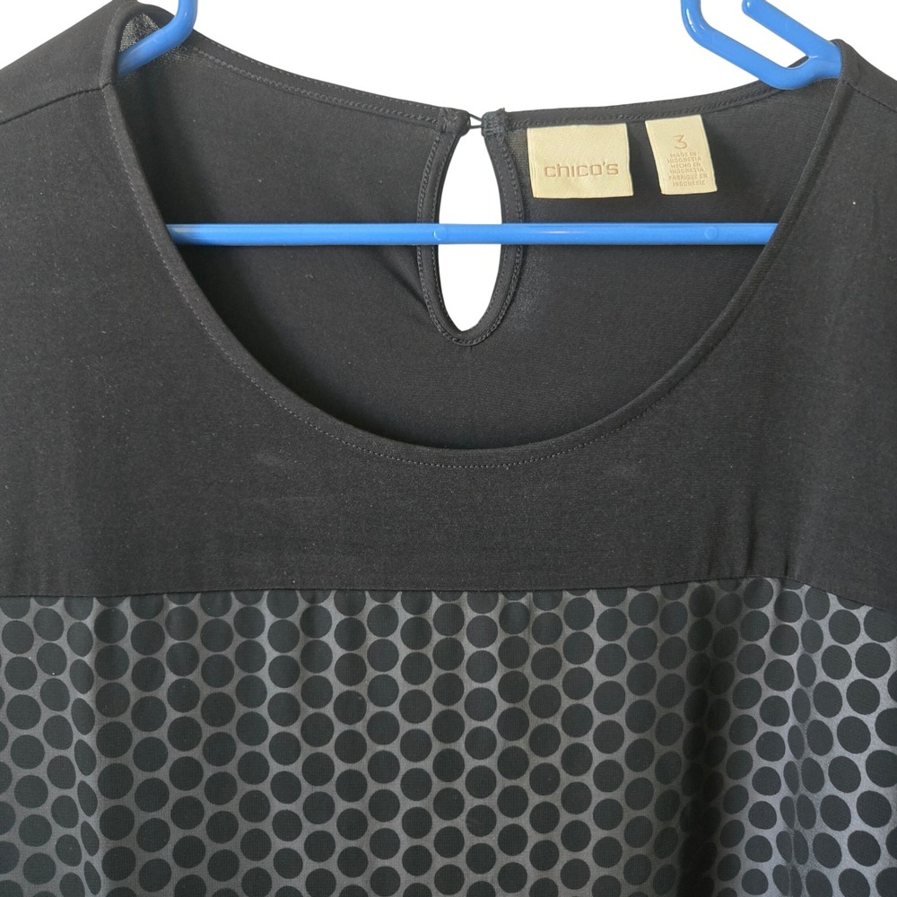 Chico's Size 3 Tunic Top Womens XL Black Polka Dot Mixed Media Sheer Layered Hem